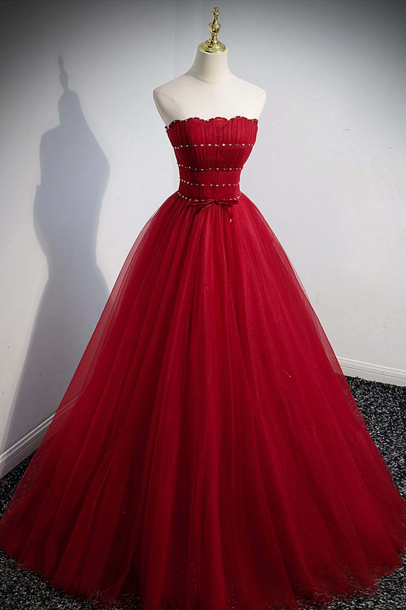 Red tulle long prom dress A line ...